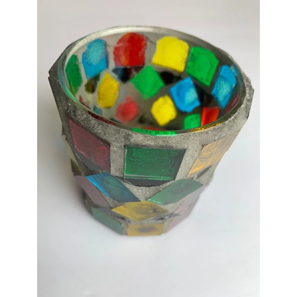 Vintage Mosaic Stained Glass Votive Candle Holder Multicolor‎ Geometric Boho
